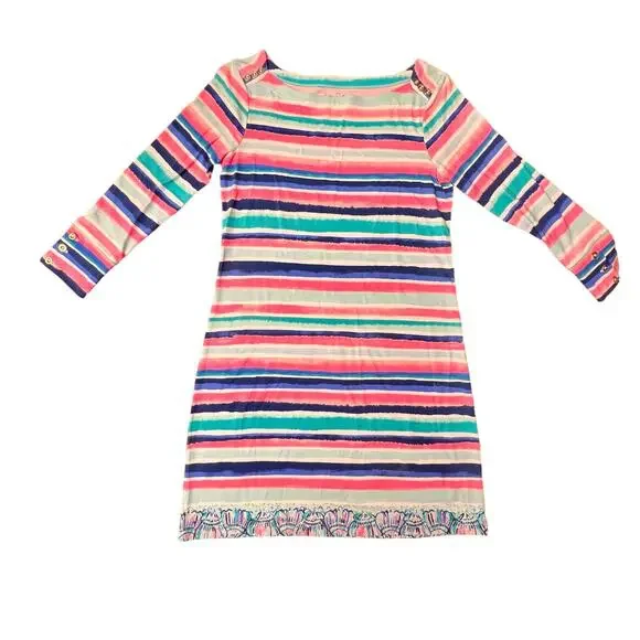 Lilly Pulitzer Sophie Shift Dress Sandy Shells 3/4 Sleeve Multi-Color Striped XS - Picture 9 of 16